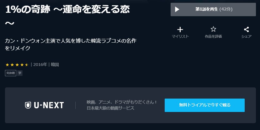 韓国ドラマ 1 の奇跡運命を変える恋を日本語字幕で見れる無料動画配信サービス 韓ドラペン